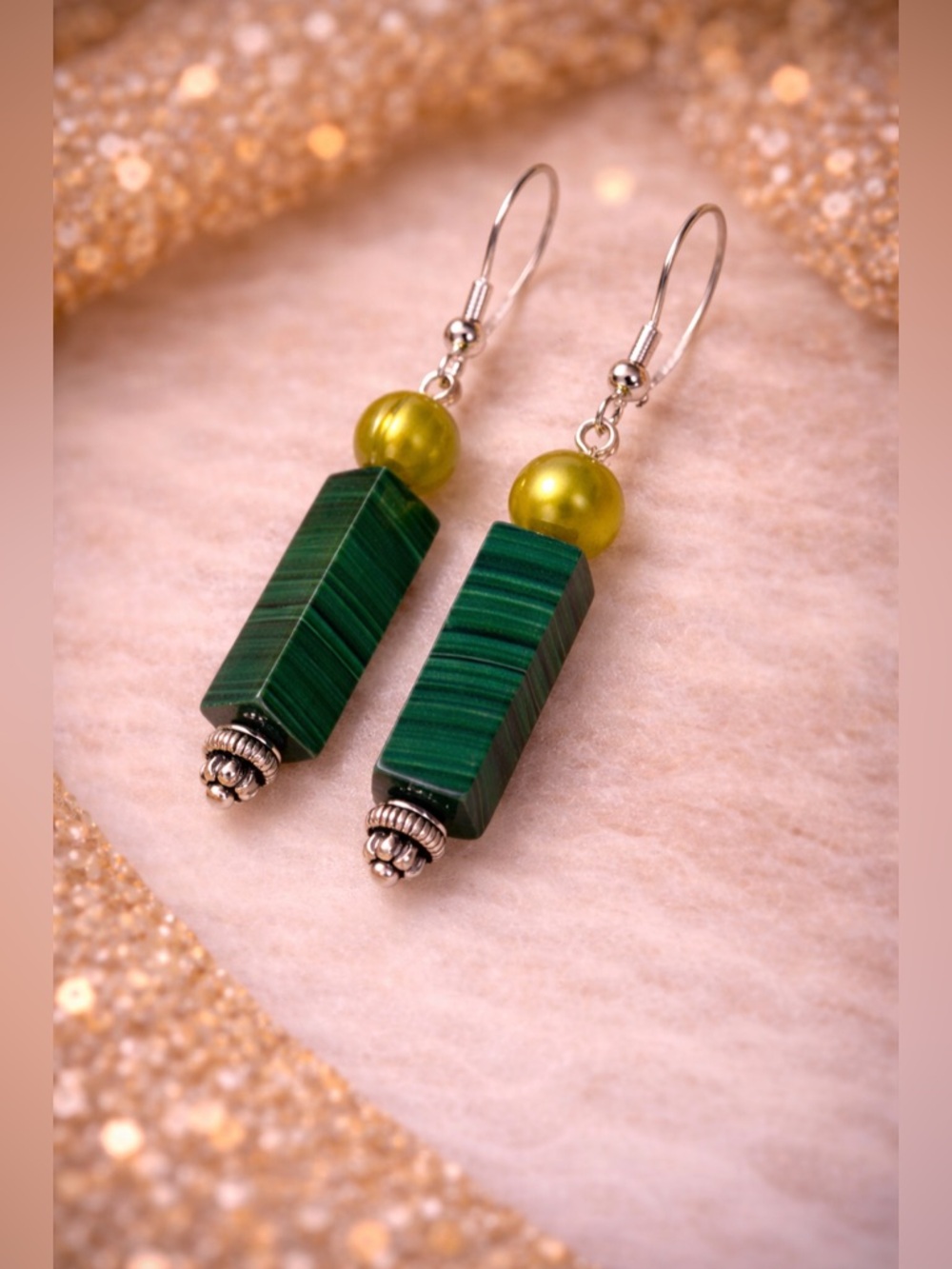 Verdant Alchemy • Artisan Malachite & Chartreuse Pearl Earrings • 925 Hooks